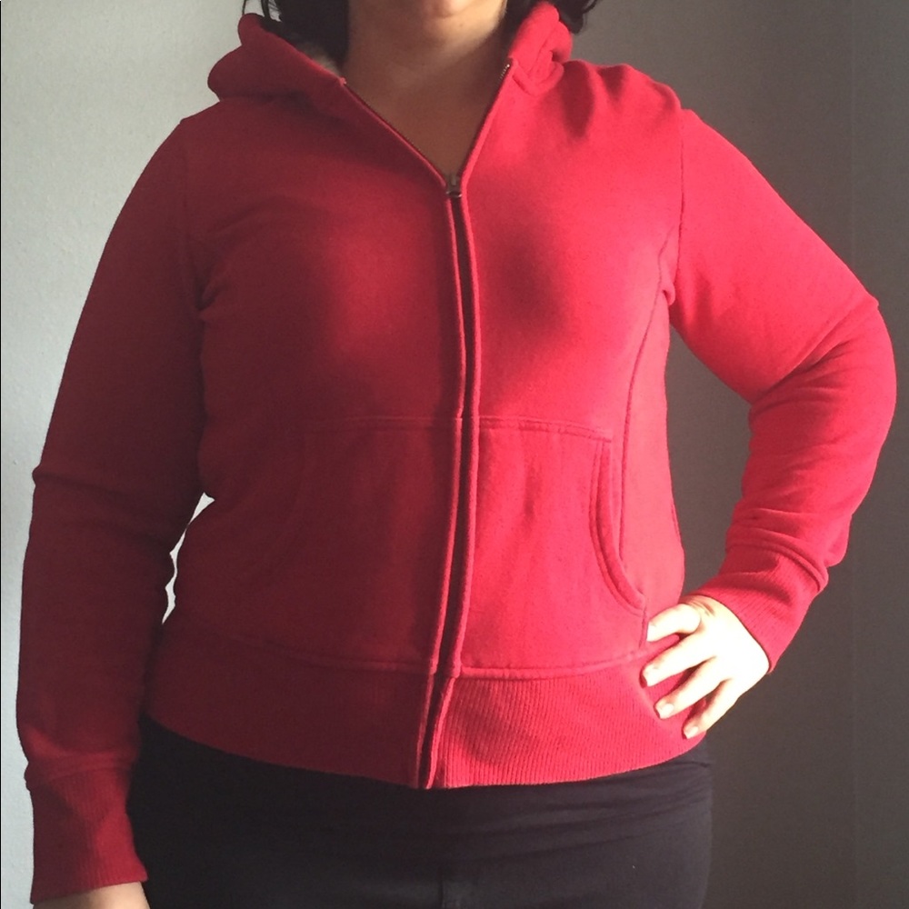 Red faux fur hoodie